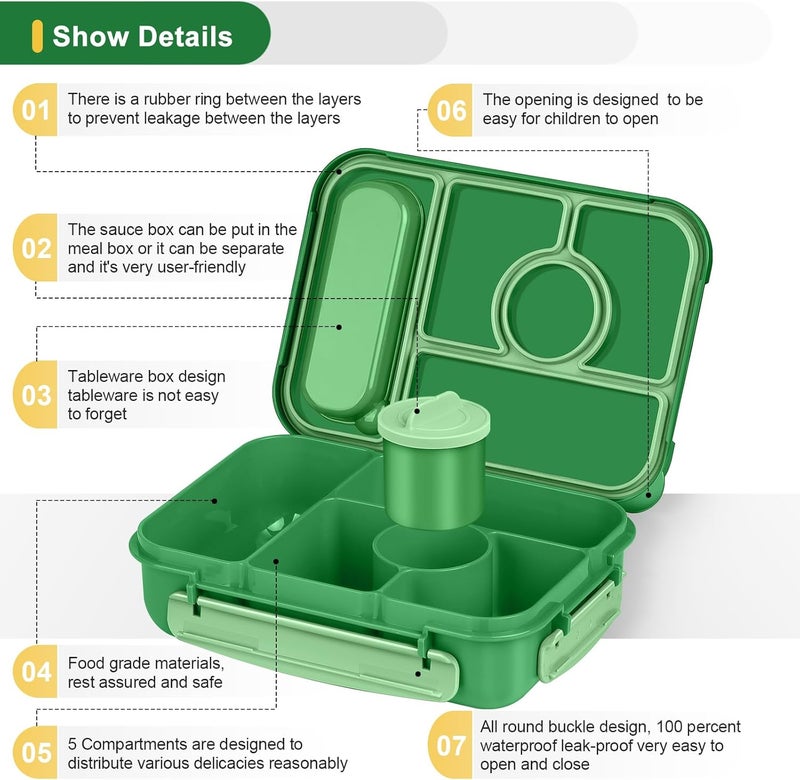 Amathley Bento Box Adult Lunch Box Kids,Lunch Containers for Adults/Kids/Toddler,5 Compartments Bento Lunch Box with Sauce Vontainers,Microwave & Dishwasher & Freezer Safe,BPA-Free (Emerald green) - Image 3